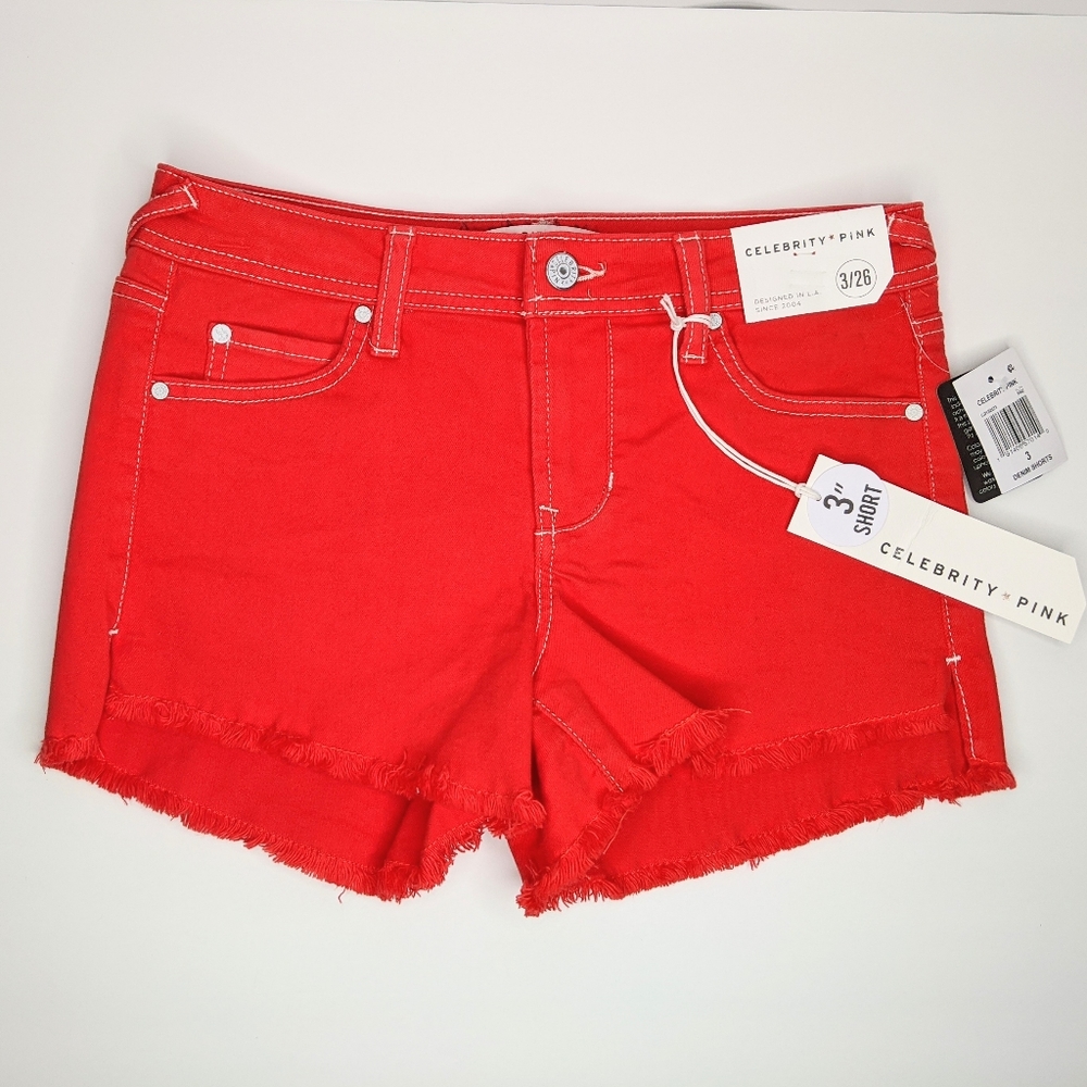 Celebrity pink denim shorts, red - Picture 3 of 8